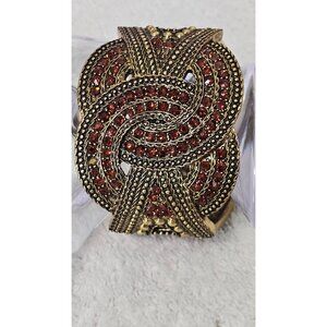 Vtg. 2" Wide Cuff Hinged Bracelet with Amber Crystal Accents 8"